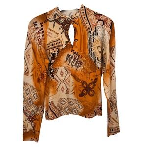 Y2K Beaded Knit Top Orange Desert Mexico Map Print Art to Wear Long Sleeve L